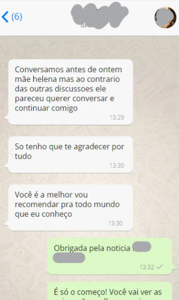 Print de conversa de WhatsApp de Mariana agradecendo Mãe Helena