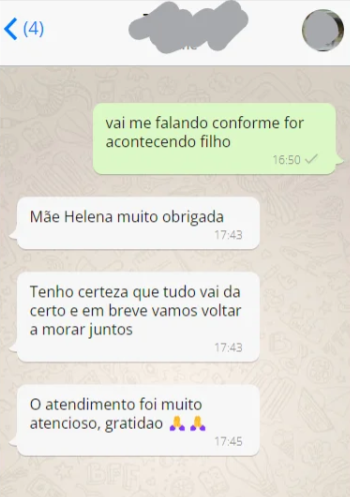 Print de conversa de WhatsApp de Carla contando que o marido voltou para casa